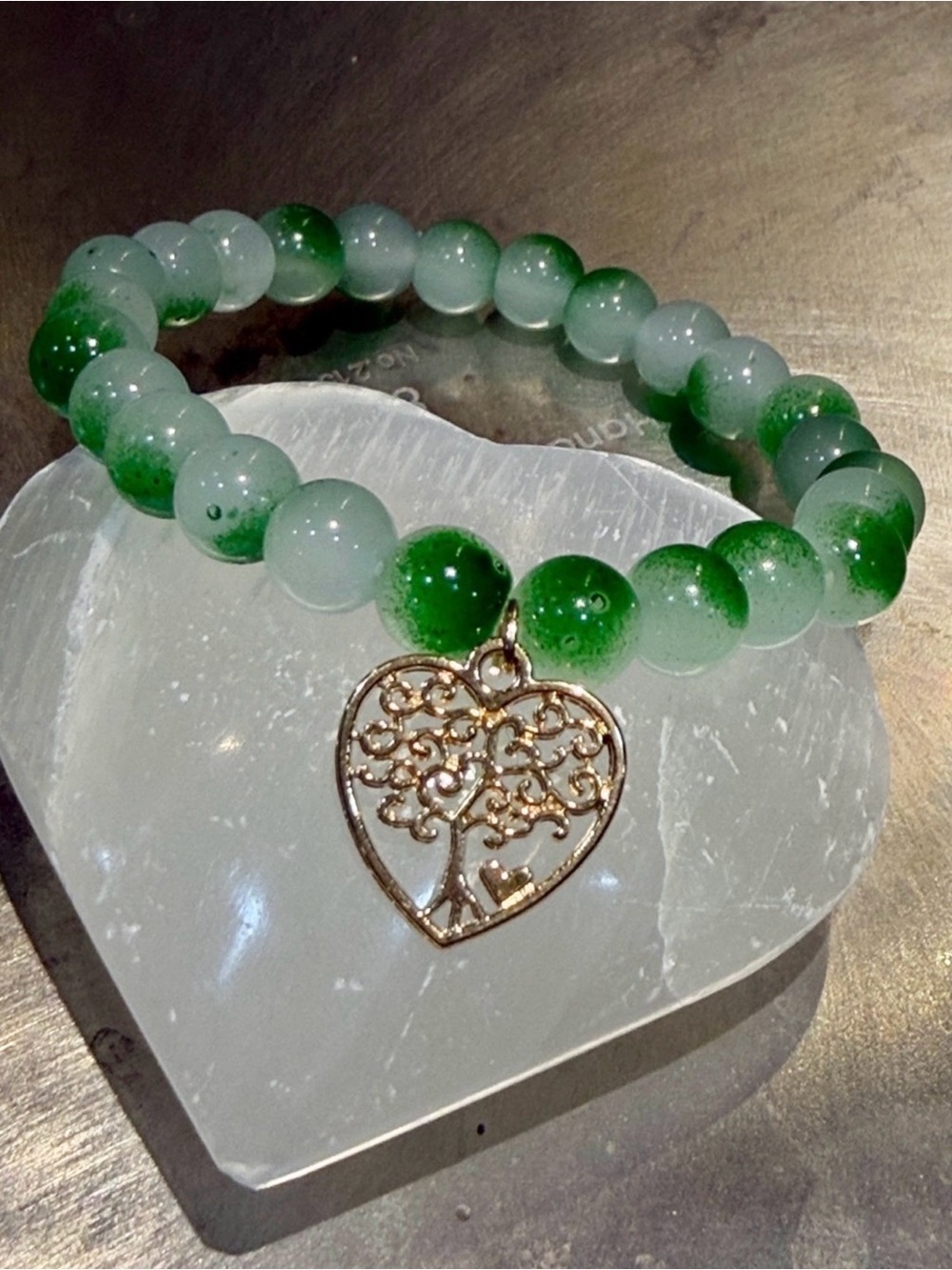 Green Beaded Stretch Bracelet with Gold Tree-Heart Charm